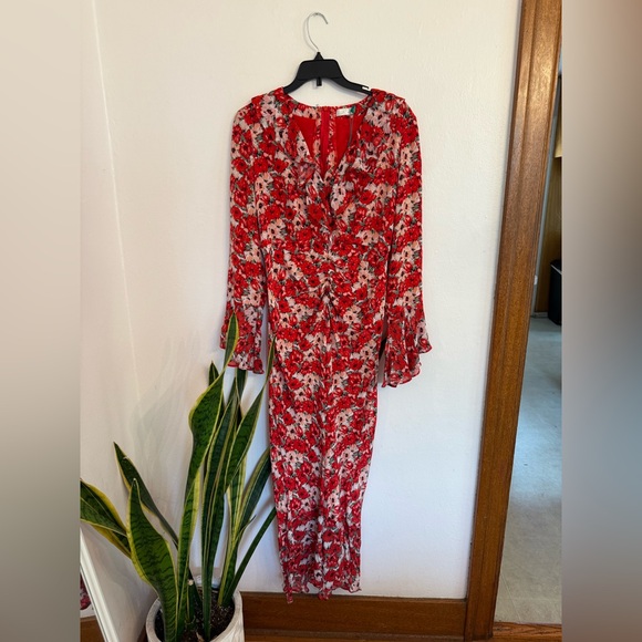 RIXO Floral Red Midi Dress with Ruffle Details - Picture 3 of 9